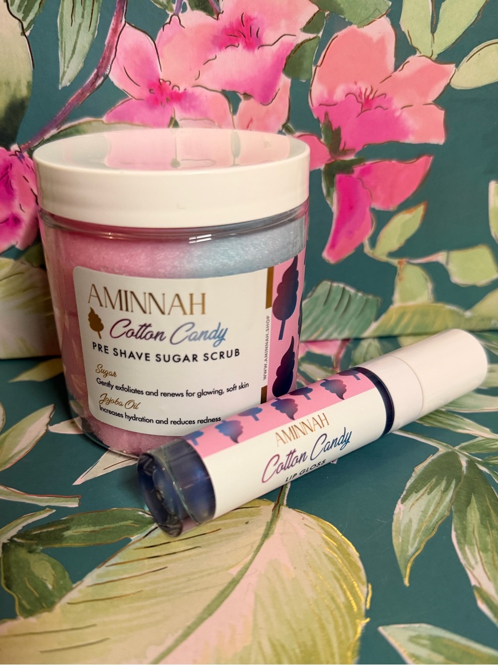 Aminnah Cotton Candy Pre-Shave Sugar Scrub & Lip Gloss Bundle